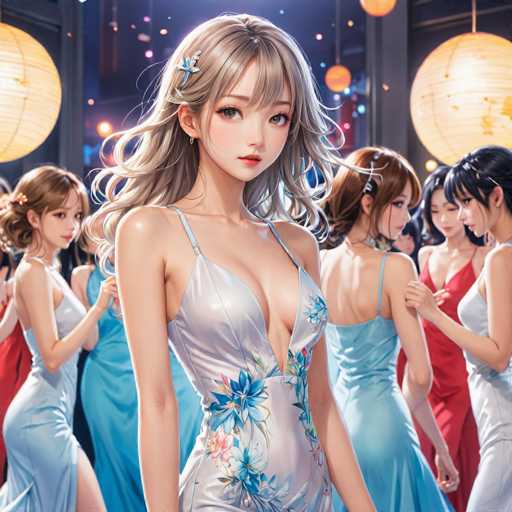 The image depicts a group of women dressed in elegant evening gowns standing together against the backdrop of a room with hanging lanterns and a window that reflects the lights from the lanterns. The woman at the center is wearing a blue floral dress adorned with white flowers on her shoulders, while the other women are wearing dresses in various colors including red, black, and white.