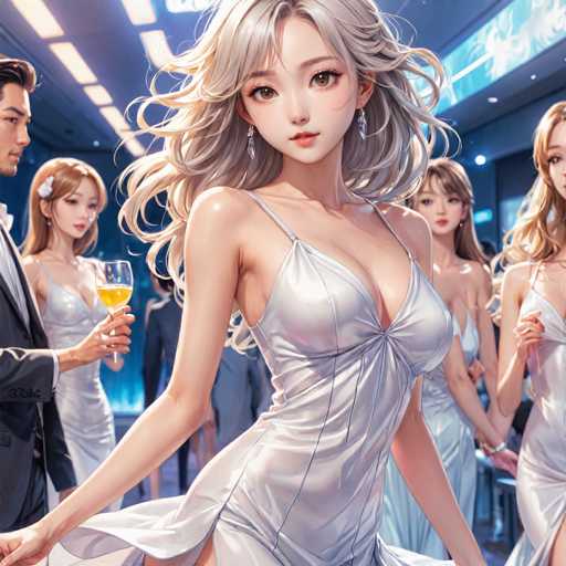 The image depicts a group of people, with a focus on a woman in the foreground. The woman has long, wavy blonde hair and is wearing a silver dress. She is holding a glass of yellow liquid in her right hand. To her left, there is a man in a suit, and behind him, another woman with long brown hair. The background features a blue wall with a light fixture, and the floor is blue. The overall scene appears to be set in a formal or celebratory environment.
