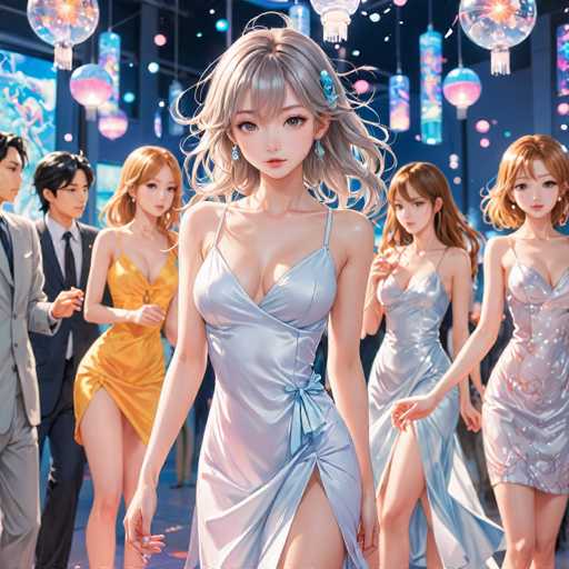 In this vibrant, AI-generated image, a group of six anime-style characters is depicted in a futuristic setting. The central figure is a striking woman with grayish hair, adorned with a blue flower clip on the right side of her head. She wears a low-cut, silver dress that accentuates her cleavage and features a bow tie at the waist, with a slit revealing her leg. Her large eyes and small mouth are highlighted by her blue earrings, adding to her captivating appearance.

To her right stands another woman with long brown hair, dressed in a similar silver dress. On the far right, a woman with short brown hair dons a pink dress, while another woman with long brown hair is seen in a yellow dress. On the left side of the image, a man with short black hair is dressed in a gray suit, and beside him, another man with black hair wears a black suit and tie. The background is a dark blue, adorned with hanging lanterns that resemble bubbles, adding a whimsical touch to the scene.