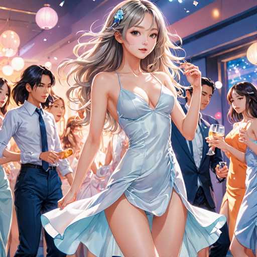 The image depicts a vibrant, anime-style scene set in a bustling restaurant. The central focus is a young woman with long, flowing blonde hair adorned with a blue flower. She is dressed in a striking, low-cut blue dress that accentuates her large breasts and long legs. The dress features thin straps and a slit up the side, revealing her thighs. She holds the sides of her dress with both hands, as if to keep it in place. 

To her left stands a young man with short black hair, dressed in a blue shirt, blue tie, and blue pants. He holds a piece of bread in his right hand. Behind him, a woman with long black hair and a blue dress can be seen. 

On the right side of the image, another woman with long black hair and a blue dress is holding a wine glass. Next to her, a man in a blue suit with short black hair also holds a wine glass. Further to the right, a woman in an orange dress with long black hair is visible, holding a glass of wine in her left hand. 

The background is filled with other patrons, adding to the lively atmosphere of the restaurant.