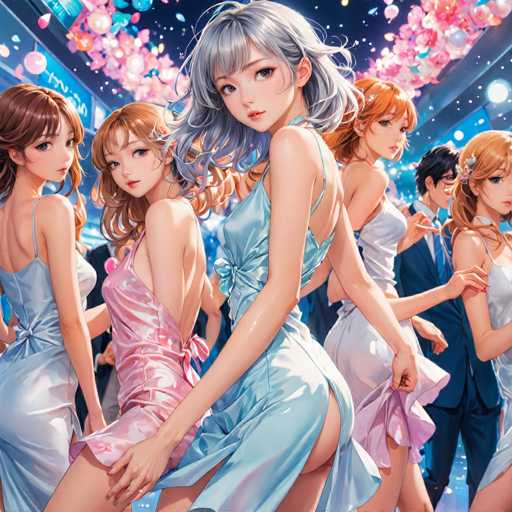 The image depicts a vibrant scene from an anime, featuring a group of six characters. In the foreground, five female characters are prominently displayed, each adorned in elegant dresses. The central figure stands out in a light blue dress, her grayish-blue hair cascading down as she gazes directly at the viewer. To her left, a girl with brown hair wears a light blue dress, while another with reddish-brown hair dons a pink dress. Behind them, another character with brown hair is partially visible, and to the right, a girl with orange hair also appears in a light blue dress. Further to the right, a character with reddish-brown hair is seen in a white dress. In the background, a man with black hair and glasses, dressed in a blue suit, adds depth to the scene. The setting is a grand ballroom, with a ceiling adorned with hanging lights and a dark blue hue. The floor is a light blue color, and the walls are lined with blue lights, enhancing the elegant atmosphere.