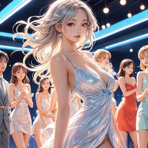 The image depicts a group of women dressed in formal attire standing on a stage with blue lights illuminating the background and creating a dramatic atmosphere. The woman at the center is wearing a silver dress that sparkles under the lights, drawing attention to her as she poses confidently for the photo.