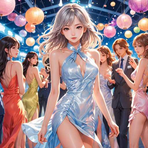 In this vibrant anime-style illustration, a group of young adults is depicted at a lively party. The central figure is a striking woman with long, wavy gray hair, adorned in a shimmering silver dress that features a daring slit up to her upper thigh. Her dress is accentuated by a bow tie at the neckline, and she gazes directly at the viewer with large, expressive eyes. Surrounding her are several other partygoers, all dressed in elegant attire. To her left, a woman with long black hair dons a red dress, while another woman in a green dress stands nearby. On the right side of the image, a man in a sharp suit is seen with his arm around a woman in a pink dress. The background is filled with an array of colorful lanterns, adding to the festive atmosphere. The scene is bustling with energy, capturing the essence of a joyous celebration.