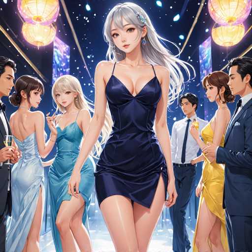The image depicts a group of people dressed up for a party or event at a club with blue and gold lanterns hanging from the ceiling. The main focus is on a woman wearing a black dress with a silver belt, standing in front of the group and holding her hand out to greet them.