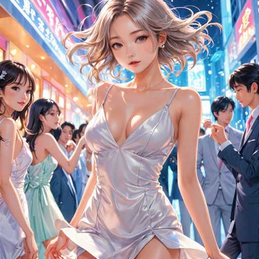 The image depicts a woman wearing a white dress with a plunging neckline and skirt, standing on the street surrounded by other people dressed similarly. The background shows buildings and neon lights, suggesting an urban setting.