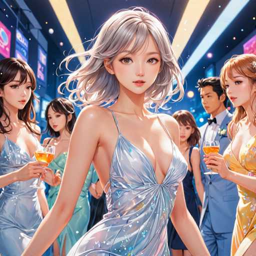 The image depicts a vibrant, cartoon-style scene set in a futuristic, space-age environment. The setting features a dark blue ceiling adorned with two prominent yellow beams running vertically, flanked by light blue beams on either side. The walls are lined with various signs and advertisements, adding to the high-tech ambiance.

In the foreground, a group of six individuals stands out. On the far left, a woman with long brown hair and bangs wears a light blue dress and holds a glass of orange liquid. Next to her, a woman with short brown hair dons a green dress. The central figure is a striking woman with grayish-white hair, dressed in a low-cut, light blue dress, also holding an orange drink. To her right, a woman with short brown hair wears a blue dress. Beside her stands a man in a blue suit, complete with a black bow tie and a white flower pinned to his lapel. The final individual on the far right is a woman with long brown hair, dressed in a yellow dress.

The scene is a blend of futuristic design and vibrant character details, creating an engaging and colorful tableau.