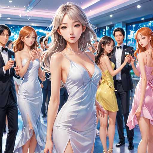 The image depicts a vibrant, cartoon-style illustration of a formal party set in a modern, high-tech room. The scene is bustling with elegantly dressed individuals, all of whom appear to be of Asian descent. In the foreground, a striking woman with long, flowing blonde hair stands out in a sleek, silver dress. She is surrounded by other women, each wearing distinctively colored dresses: one in a yellow dress, another in a pink dress, and a third in a silver dress. The men in the background are dressed in sharp black suits, adding to the sophisticated atmosphere. The room itself is illuminated by a combination of ceiling lights and ambient lighting that emanates from the windows, casting a warm glow over the entire scene.