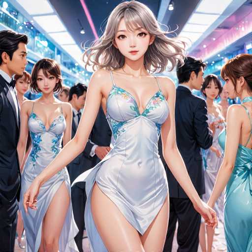 The image depicts a scene reminiscent of a video game, featuring a group of people in a large room. The room is illuminated by a series of lights running along the top, with a distinctive pink light cutting through the middle. The walls are adorned with a mix of blue and pink hues, adding to the vibrant atmosphere. 

In the foreground, a woman with gray hair stands prominently. She is dressed in a revealing white dress that accentuates her cleavage and has a slit on the side, showcasing her legs. The dress is adorned with blue and yellow floral patterns, adding a touch of elegance to her attire. 

To her left, a man in a black suit is visible, while to her right, another woman in a blue dress stands. The background is filled with more people, including several women in white dresses and a few men in suits, contributing to the lively and diverse setting of the scene.