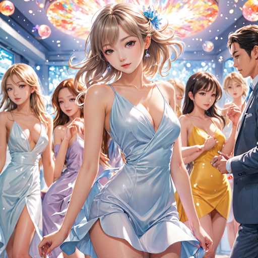 In this vibrant, AI-generated image, a group of anime-style characters is depicted in a lively party setting. The scene is dominated by a central female character with long, flowing blonde hair adorned with a blue flower. She is dressed in a striking blue dress that accentuates her large breasts and long, slender legs. Surrounding her are several other female characters, each with distinct features and attire. To her left, a woman with long brown hair is dressed in a purple dress, while another blonde woman in a blue dress stands nearby. On the right side of the image, a woman with long black hair and a yellow dress is visible, along with a blonde woman in a white dress. A man in a blue suit stands to the far right, adding to the diverse group of characters. The background is filled with a dazzling array of lights, including a prominent chandelier and various colorful light fixtures, creating a festive and dynamic atmosphere. The overall scene is rich in detail and color, capturing the essence of a lively celebration.