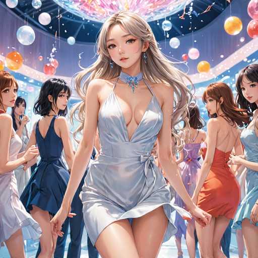 The image depicts a vibrant, cartoon-style illustration of a young woman with long, flowing blonde hair. She is dressed in a striking, low-cut silver dress that accentuates her cleavage and features a high slit on the right side, revealing her leg. The dress is adorned with a blue ribbon at the top, adding a touch of elegance. She accessorizes with blue earrings and a matching blue choker that complements the ribbon on her dress. The woman is positioned centrally in the image, gazing directly at the viewer with a confident expression.

Surrounding her are several other young women, all of whom appear to be of Asian descent. To her left, a woman with short black hair is visible, wearing a blue dress. On her right, another woman with long brown hair is dressed in a red dress. The background is filled with more women, each wearing different colored dresses, creating a lively and colorful scene. The setting appears to be a festive or celebratory event, possibly a party or a dance, given the attire and the joyful atmosphere.