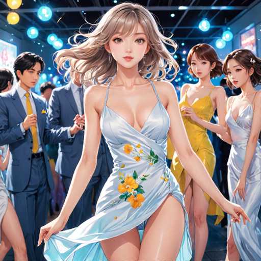 In this vibrant and detailed illustration, a group of anime characters is depicted at what appears to be a lively party. The scene is set in a spacious room with a black ceiling adorned with blue and white balloons, adding to the festive atmosphere. 

At the center of the image stands a striking female character with long, flowing blonde hair. She is dressed in a light blue dress that features a daring slit up to her thigh, revealing her leg. The dress is adorned with a floral pattern, showcasing yellow flowers and green leaves. She holds the sides of her dress with both hands, accentuating its flow.

To her right, two other female characters are visible. One is dressed in a yellow dress, while the other wears a light blue dress similar to the central character's. Both have long brown hair and are looking towards the right side of the image.

On the left side of the central figure, three male characters are seen wearing matching light blue suits. They have short black hair and are also looking towards the right. The background is filled with more partygoers, adding to the bustling and celebratory ambiance of the scene.