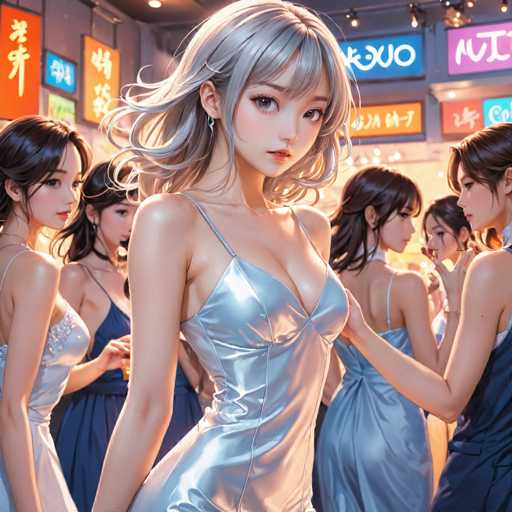 In this captivating image, a group of young Asian women, likely in their early 20s, are elegantly dressed in stunning silver evening gowns. The central figure, who stands out prominently, has strikingly pale skin and captivating grayish eyes. Her hair, a blend of gray and white, frames her face beautifully. She gazes directly at the camera, exuding confidence and poise. Surrounding her are other women, all with long, dark brown hair, who share similar features, suggesting they might be related or part of a coordinated group. The setting appears to be a bustling club, with vibrant neon signs in the background displaying various Asian characters, adding to the lively and exotic atmosphere. The overall scene is a harmonious blend of elegance and cultural vibrancy.