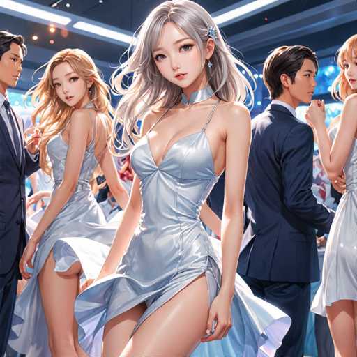 The image depicts an art style that combines elements of anime and realism. The central figure is a woman with long blonde hair wearing a silver dress, standing on her toes as she poses for the camera. In the background, there are other people dressed in formal attire, suggesting a social gathering or event.