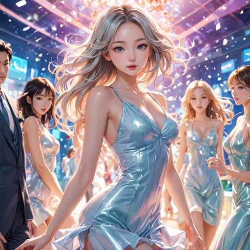 The image depicts a vibrant, AI-generated scene featuring a group of young Asian individuals, likely in their late teens or early twenties. The central figure is a striking young woman with long, flowing blonde hair, adorned in a shimmering silver dress. Her dress is sleeveless with thin straps and has a flared bottom, accentuating her curvy figure. She stands confidently, gazing directly at the viewer, her blue eyes and red lips adding to her captivating presence.

Surrounding her are several other young women, all dressed in similar silver dresses, creating a harmonious and cohesive visual effect. To her left, a young man in a dark blue suit with a white shirt stands, his attention also fixed on the central figure. The background is filled with a lively atmosphere, featuring a crowd of people and an array of lights that enhance the overall energy of the scene. The image is rich in detail, with a color palette dominated by shades of blue, silver, and white, contributing to its futuristic and dynamic feel.