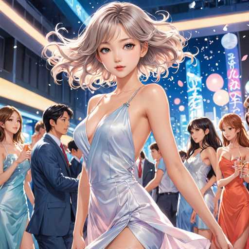 In this vibrant, cartoon-style image, a central female character stands out with her striking features. She has short, wavy blonde hair and large, expressive brown eyes. Her lips are painted a vivid red, and she wears a shimmering silver dress that accentuates her curves. The dress is low-cut, with a single strap over her shoulder, and it flares out at the bottom, revealing a hint of her leg. 

Surrounding her are several other characters, all appearing to be of Asian descent. To her left, a man in a blue suit with a red tie stands out, while to her right, a woman in a blue dress and another in an orange dress can be seen. The background is bustling with more people, adding to the lively atmosphere. 

The setting appears to be an indoor venue, possibly a restaurant or a party hall, as suggested by the blue walls adorned with neon signs featuring Asian characters. The scene is filled with a mix of colors, including blue, white, gray, pink, purple, orange, and yellow, creating a dynamic and festive ambiance.
