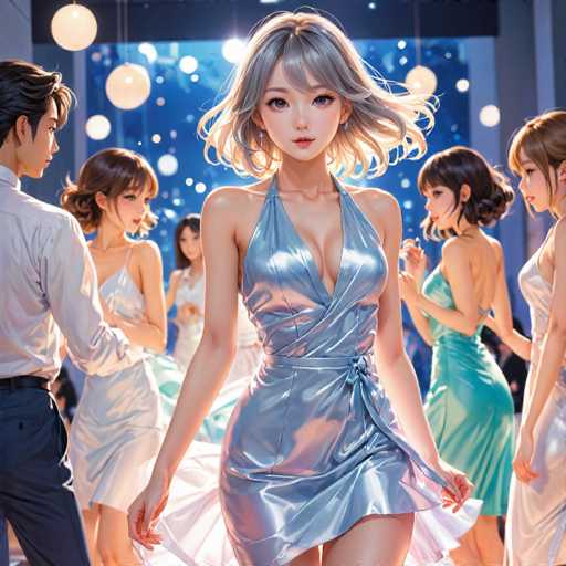 The image depicts a vibrant, computer-generated scene reminiscent of a video game or an anime. At the center of the composition is a striking young woman with short, wavy gray hair, adorned with subtle highlights. Her large, expressive eyes are a captivating blend of gray and brown, and her lips are painted a soft pink. She is dressed in a shimmering silver dress that accentuates her figure, featuring a low-cut neckline and a tie at the waist. The dress is sleeveless, with a single strap elegantly draped over her shoulder.

Surrounding her are several other young women, each with distinct features and attire. To her left stands a woman with short brown hair, dressed in a white dress. Another woman, also with short brown hair, is seen wearing a green dress. On the right side of the central figure, there is a woman with long brown hair, clad in a white dress. In the background, a man with short brown hair is visible, wearing a white shirt and blue pants.

The setting appears to be a festive party, with the background illuminated by numerous lights that create a sparkling, celebratory atmosphere. The overall scene is dynamic and colorful, capturing the essence of a lively social gathering.