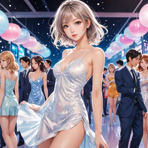 In this captivating image, a group of anime characters is depicted in a realistic style, creating an intriguing blend of animation and reality. The scene is set in a bustling city street, illuminated by a dark blue sky that suggests the time is either night or dusk. The street is lined with tall buildings on both sides, adorned with vibrant pink and blue lanterns that add a festive atmosphere to the setting.

At the center of the image stands a striking woman with short, wavy gray hair that falls just below her chin. She is dressed in a sleek, silver dress that accentuates her figure, with a design that leaves one shoulder bare. The dress is form-fitting and features a daring slit that reveals her leg, adding an element of allure to her appearance. She gazes directly at the viewer, her expression enigmatic and captivating.

Surrounding her are several other characters, all dressed in formal attire. To her left, a woman with blonde hair wears a light blue dress, while another woman with brown hair dons a darker blue dress. On the right side of the image, a man in a blue suit stands next to a woman in a yellow dress, and another man in a blue suit is positioned further back. The rest of the characters are partially obscured, adding a sense of mystery to the scene.

The overall composition of the image creates a surreal and enchanting atmosphere, blending the fantastical world of anime with the tangible elements of a city street, making the viewer feel as though they have stepped into a magical, animated reality.