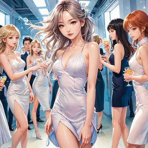 In this captivating anime scene, a group of elegantly dressed women are gathered in a spacious room with high ceilings and large windows that allow natural light to flood in. The focal point is a striking woman with long, wavy blonde hair adorned with a delicate flower clip. She is wearing a form-fitting, light purple dress that accentuates her figure, featuring a high slit on the side that reveals her leg. The dress has thin straps and a plunging neckline, adding to her allure. She stands confidently, holding her dress with one hand while gazing directly at the viewer.

Surrounding her are other women, each with distinct features and attire. To her left, a woman with short blonde hair and a blue dress holds a glass of yellow liquid. Behind her, another woman with long black hair and a blue dress also holds a similar glass. On the right side, a woman with vibrant red hair and a white dress stands out, while another with long black hair and a blue dress is positioned behind her. The room is filled with a sense of elegance and sophistication, with the women's attire and demeanor reflecting a high-society atmosphere.