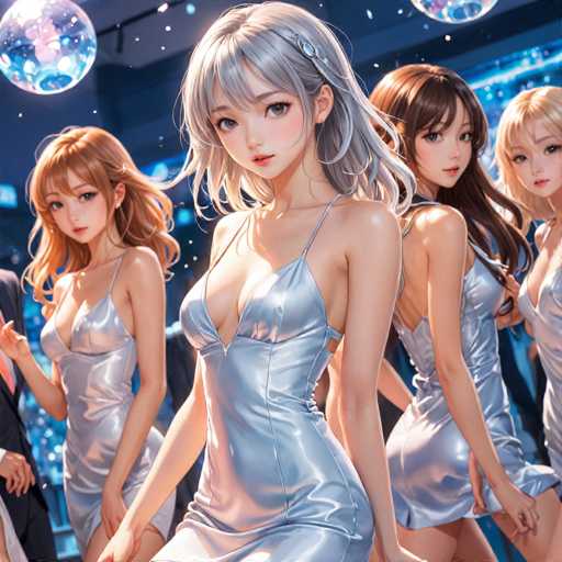 In this vibrant, cartoon-style image, four young women are depicted in a stylish setting. The central figure, who is the focal point, has striking gray hair and is dressed in a sleek, silver dress. She stands confidently, with her hands resting on her thighs, gazing directly at the viewer. Flanking her are two other women, both with long brown hair, also wearing matching silver dresses. The woman on the left is looking down, while the one on the right is glancing over her shoulder, adding a sense of intrigue to the scene. In the background, a man in a suit is partially visible, with only his hands and part of his arm in view. The setting appears to be a lively club, as suggested by the presence of disco balls and the overall ambiance. The image is devoid of any text, allowing the viewer to fully immerse in the visual narrative.