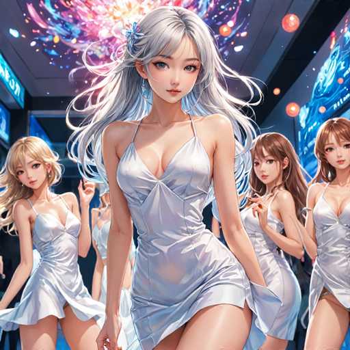 The image depicts a vibrant scene featuring five anime-style girls, all dressed in identical white dresses. The central figure, who stands out prominently, has long, flowing white hair adorned with a blue flower on the left side. Her dress is form-fitting, accentuating her curvy figure, and features thin straps over her shoulders. She gazes directly at the viewer with large, expressive eyes, a small nose, and a tiny mouth. 

To her left, another girl with long blonde hair is captured mid-motion, her dress billowing as if caught in a breeze. She also wears a white dress and has a blue flower on the right side of her head. 

On the right side of the central figure, two more girls with long brown hair are visible. The girl closest to her has her dress slightly lifted, revealing a bit of her leg. 

In the background, a fifth girl with long brown hair can be seen, though she is partially obscured. 

The setting appears to be a futuristic, possibly sci-fi environment, suggested by the blue and black walls and the ceiling, which features a striking display of pink, blue, and yellow lights. The overall atmosphere is dynamic and colorful, with the characters' attire and the background elements contributing to a lively and engaging scene.