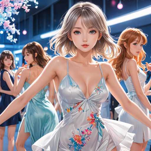 This image features a group of four anime-style girls, each with distinct characteristics and attire. The central figure is a girl with short blonde hair, adorned in a shiny silver dress that accentuates her large chest. To her right stands a girl with long red hair, dressed in a white dress. On the left side of the image, there are two more girls: one with long brown hair wearing a blue dress, and another with short brown hair in a black dress. The background is a dark blue, and the top left corner is decorated with pink and blue flowers, adding a touch of color to the scene.