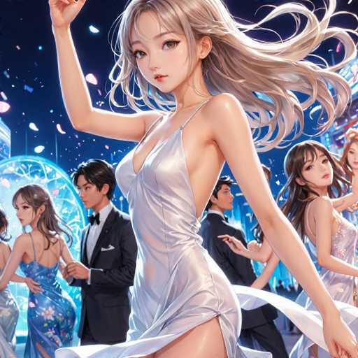 The image depicts a vibrant, computer-generated scene reminiscent of a video game or an anime. At the center is a young woman with long, flowing blonde hair, dressed in a sleek, silver dress that accentuates her figure. She stands with her right arm raised, exuding confidence and grace. Surrounding her are several other characters, including a man in a black suit and bow tie, who appears to be holding the hand of a woman in a blue dress. The background is a rich tapestry of colors, featuring shades of blue, black, and white, with hints of pink and purple. The scene is filled with dynamic elements, such as confetti and floating objects, adding to the festive atmosphere. The overall composition is square, with the central focus on the woman in the silver dress, making her the captivating focal point of the image.