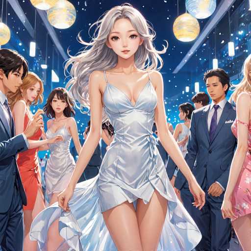 In this vibrant anime-style illustration, a central female character with long, flowing gray hair and large, expressive eyes stands out. She is dressed in a striking silver dress that accentuates her figure, with a low-cut neckline and a short skirt that reveals her legs. The dress features a dramatic slit on the side, adding to its allure. She holds the sides of her dress with both hands, as if posing for a photograph.

Surrounding her are several other characters, each with distinct features and attire. To her left, a man with short black hair is seen wearing a blue suit, while a woman with long red hair dons a red dress. Another woman, with long black hair, is dressed in a white dress. On the right side of the central figure, a man with short black hair is clad in a blue suit, and a woman with long blonde hair wears a pink dress. The background is adorned with hanging lanterns, adding a warm, inviting ambiance to the scene.