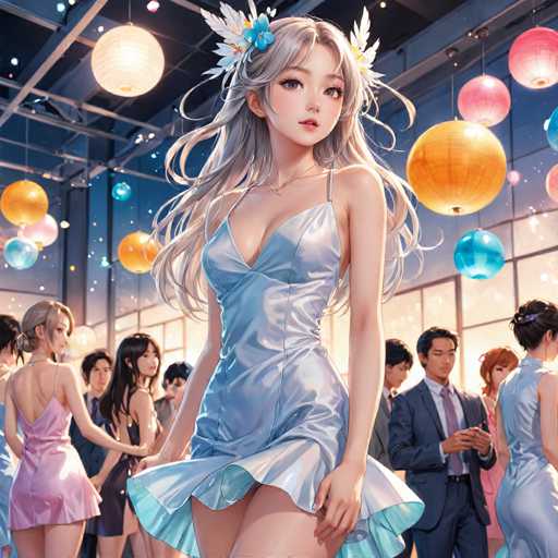 The image depicts a vibrant, anime-style illustration of a young woman with long, flowing gray hair adorned with white flowers and blue blossoms. She is dressed in a striking, low-cut silver dress that reveals a significant amount of cleavage and ends just above her knees, with a blue lining visible underneath. The woman stands at the center of the scene, her head slightly tilted to the right, and her gaze directed towards the viewer. Surrounding her are several other characters, including a man in a suit and tie, and a woman in a pink dress, all of whom are looking in her direction. The background features a large window with a grid pattern, and the ceiling is decorated with numerous paper lanterns in shades of orange, blue, and pink, adding to the festive atmosphere. The overall setting appears to be a lively party or celebration, with the woman as the focal point of attention.