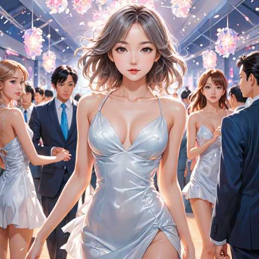 The image depicts a woman wearing a silver dress with a low neckline and thigh-high skirt, standing in the center of a room filled with people dressed in formal attire. The background is dark blue, creating a contrast that highlights the woman's figure.