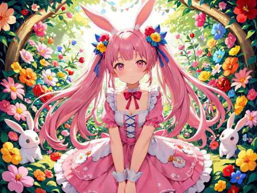 In this vibrant and whimsical illustration, a young girl with long, flowing pink hair adorned with blue and yellow flowers sits gracefully in a lush garden. Her hair cascades down to her waist, framing her face which is highlighted by her large, expressive pink eyes and a small, delicate mouth. Adding to her enchanting appearance, she sports long pink bunny ears that sprout from the top of her head.

She is dressed in a charming pink dress featuring a white corset-like top, complete with a red bow at the neckline. The dress is further embellished with white ruffles around the sleeves and hem, adding a touch of elegance to her playful ensemble. Her arms rest gently on her lap, and she wears white wristbands that complement her outfit.

The garden around her is a riot of color, filled with an array of flowers in shades of pink, yellow, orange, blue, and red. Two white bunnies, matching the color of her ears, are positioned on either side of her, adding to the scene's magical atmosphere. Above her, a wooden archway adorned with flowers creates a picturesque canopy, while the background reveals a serene sky dotted with clouds and distant trees, completing this idyllic and dreamlike setting.