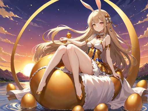 In this captivating image, a young woman with long blonde hair adorned with white bunny ears sits gracefully on a large, golden egg. She is dressed in a striking white dress that features a gold corset and a flowing white skirt. Her ensemble is complemented by elegant golden high heels. The woman's hair cascades down her back, adding to her ethereal appearance. Surrounding her are several smaller golden eggs, creating a magical atmosphere. Behind her, a large golden ring adds a touch of grandeur to the scene. The background showcases a serene landscape with mountains, a body of water, and a sky painted in hues of purple, pink, and yellow, suggesting either a sunrise or sunset. The overall composition exudes a sense of enchantment and tranquility.