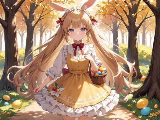 In this vibrant and whimsical scene, a young girl stands at the center of a picturesque forest, surrounded by towering trees adorned with golden leaves. The forest floor is carpeted with lush green grass, dotted with colorful Easter eggs in shades of blue, yellow, and red. The girl, with her long blonde hair cascading down to her waist, wears a charming yellow dress with white frills at the bottom. Her dress features a white collar and sleeves, and a red bow tie sits neatly at her neck. She holds a brown basket filled with Easter eggs in her left hand, while her right hand gently touches the ground. Her large, expressive blue eyes and pink bunny ears add a playful touch to her appearance, making her look like a delightful character from a children's storybook. The overall scene is bathed in warm sunlight, enhancing the enchanting and festive atmosphere.