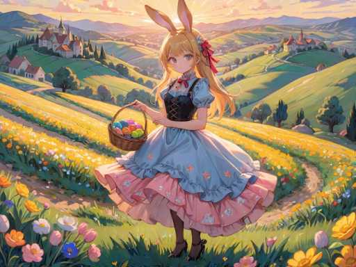 A young girl dressed in a blue dress with pink flowers and a red bow stands on the right side of the image holding an Easter basket filled with eggs against a backdrop of rolling hills and fields dotted with wildflowers.