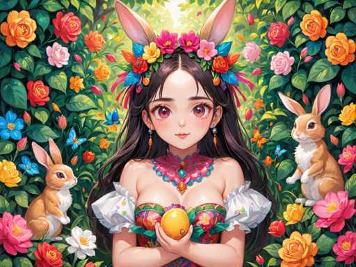 The image is a vibrant, detailed illustration of an anime-style girl set in a lush, colorful garden. The girl, who has long, flowing brown hair adorned with a floral headband featuring pink, yellow, and blue flowers, also wears matching earrings. Her large, expressive brown eyes and small pink lips add to her delicate appearance. She is dressed in a strapless, puffy-sleeved dress with a green and pink floral pattern, and a pink choker necklace with blue and orange jewels.

The girl is holding a yellow egg with a blue dot in her hands, which are crossed in front of her chest. She has rabbit ears protruding from the top of her head, adding a whimsical touch to her look. Surrounding her are two brown and white rabbits, one on each side, nestled among the abundant greenery and flowers. The garden is filled with a variety of colorful blooms, including orange, pink, blue, and white flowers, as well as green leaves. Butterflies flutter around, enhancing the lively and enchanting atmosphere of the scene.