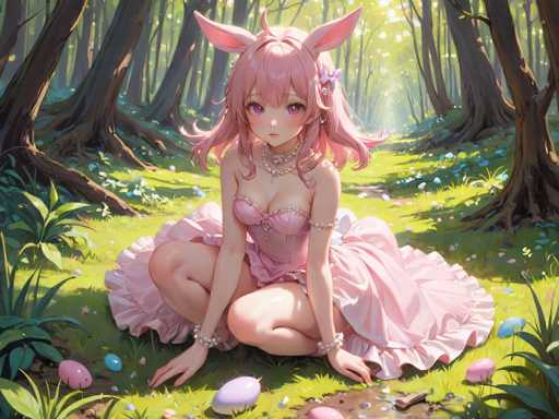 In this captivating image, a young girl with striking pink hair and matching pink eyes is depicted in a whimsical, anime-inspired style. She is adorned with delicate pink bunny ears, adding a playful touch to her appearance. Her attire is equally enchanting, featuring a pink dress with a frilly skirt and a pink bra top, complemented by a string of pearls around her neck. The girl is seated gracefully on a lush green grassy area, surrounded by a serene forest setting. Tall trees with brown trunks and vibrant green leaves frame the scene, while the ground is dotted with an array of colorful eggs in shades of pink, blue, and purple. The overall composition exudes a sense of magic and wonder, drawing viewers into this enchanting woodland world.