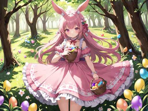 In this captivating anime-style illustration, a young girl stands gracefully in the center of a lush, sunlit forest. She is adorned in a charming pink dress with delicate white frills at the bottom, which complements her long, flowing pink hair. Her hair cascades down her back, with some strands elegantly draped over her shoulders. Adding to her whimsical appearance, she wears a pair of pink bunny ears atop her head.

The girl holds a brown basket filled with vibrant, multicolored Easter eggs in her right hand, while her left hand cradles another basket brimming with more colorful eggs. The forest around her is a tapestry of nature's beauty, with tall trees stretching upwards and their branches adorned with lush green leaves. The forest floor is a carpet of verdant grass, dotted with an array of flowers in shades of pink, blue, and white. Scattered across the ground are additional Easter eggs in hues of yellow, purple, and orange, enhancing the festive atmosphere of the scene.