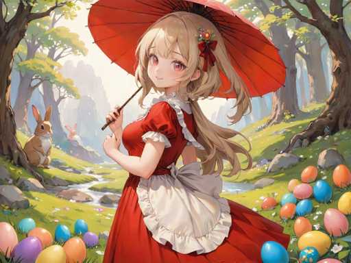 In this captivating image, a young girl stands gracefully in a lush, green forest, surrounded by nature's beauty. She is dressed in a charming red dress adorned with white frills at the bottom, and a white apron that adds a touch of elegance. Her long, flowing blonde hair cascades down her back, and she holds a vibrant red umbrella above her head. The girl's striking pink eyes and the delicate flowers in her hair make her appear almost ethereal.

To her left, a serene stream meanders through the scene, while to her right, a cluster of colorful Easter eggs—pink, blue, yellow, and purple—adds a festive touch. In the background, two rabbits can be seen: one perched on a rock and the other sitting on the grass, both facing the girl. The forest is dense with trees, their leaves rustling gently in the breeze. The overall atmosphere is one of tranquility and whimsy, perfectly capturing a moment of serene beauty in nature.