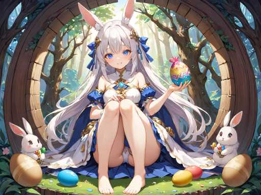 In this captivating anime-style image, a young girl with long, flowing white hair adorned with blue ribbons sits gracefully on a lush green grassy area. Her striking blue eyes and delicate pink bunny ears add a whimsical touch to her appearance. She is dressed in a charming blue and white dress, which complements the serene forest setting behind her. The background features a dense array of trees, creating a tranquil and enchanting atmosphere.

The girl is seated within a circular stone archway, adding a sense of mystery and enchantment to the scene. Surrounding her are several colorful Easter eggs, with hues of blue, yellow, and red, enhancing the festive feel of the image. On either side of her, two white bunnies sit contentedly, each holding a small Easter egg in their paws. The bunnies' presence and the scattered Easter eggs contribute to the overall Easter theme of the image. The entire composition is a delightful blend of fantasy and holiday cheer, capturing the essence of a magical Easter celebration.
