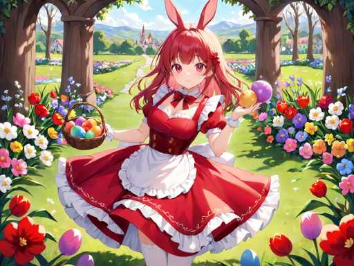 In this vibrant anime-style illustration, a young girl stands at the center of a lush, colorful garden. She is adorned in a striking red dress with white frills and a white apron, complemented by a red bow tie at her neck. Her long, flowing red hair cascades down, and she wears pink bunny ears atop her head. Her eyes are a captivating shade of pink, adding to her whimsical appearance.

In her right hand, she holds a brown basket filled with pastel-colored Easter eggs, while her left hand cradles two more eggs—one yellow and one purple. The garden around her is a riot of color, with an array of flowers in hues of red, pink, purple, blue, and white, creating a lush and enchanting backdrop. 

Behind her, a charming stone archway frames the scene, leading the eye towards a distant house with a red roof nestled among rolling hills. The sky above is a serene blue, dotted with fluffy white clouds, completing this picturesque and festive scene.