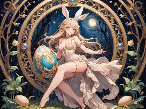 The image depicts a detailed, computer-generated scene featuring an anime-style female character with long, flowing blonde hair. She is adorned with white bunny ears and is dressed in a revealing white outfit that includes a corset-like top and a flowing skirt. The character is seated on a patch of grass, holding a large, ornate egg with a blue and gold design. Surrounding her are two smaller eggs, one on each side. The background showcases a dark, starry night sky with a prominent moon and silhouettes of trees. Behind the character, there is an intricate, golden circular structure with a blue jewel at its center, adding a touch of elegance to the scene.