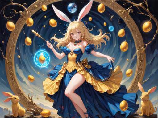 This vibrant, computer-generated image features an anime-style female character with long, flowing blonde hair and large, white bunny ears. She is dressed in a striking blue and gold dress, which includes a corset-like bodice and a flowing skirt that reveals her legs. The character is holding a wand in her right hand, from which a glowing blue orb emanates, surrounded by numerous golden orbs. She stands within a large, ornate gold ring that is adorned with intricate designs and encircled by floating golden eggs. The background is a deep blue, enhancing the magical atmosphere. Flanking her on either side are two small, tan bunny rabbits, each with pink ears, adding to the whimsical and enchanting scene.