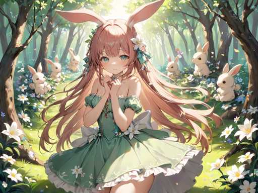In this captivating anime-style illustration, a young girl with long, flowing pink hair adorned with white flowers and green ribbons sits gracefully in the center of a lush forest. Her striking blue eyes and pink bunny ears add a whimsical touch to her appearance. She wears a green dress with puffy sleeves and a white ruffled hem, which complements the verdant surroundings. The girl's hands are gently clasped in front of her chest, and she gazes directly at the viewer with a serene expression.

The forest around her is teeming with life, featuring tall trees with brown trunks and green leaves that form a natural canopy overhead. Sunlight filters through the foliage, casting a warm glow on the scene. Scattered across the forest floor are numerous white flowers with yellow centers, enhancing the magical atmosphere. Adding to the enchanting setting, several stuffed bunnies are positioned around her: two on the left, two on the right, and one behind her, blending seamlessly with the woodland backdrop. The overall composition exudes a sense of tranquility and wonder, drawing the viewer into this enchanting world.