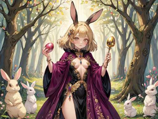 A woman with blonde hair and a purple dress stands in front of a forest filled with white rabbits. She holds an egg and a golden object in her hands.