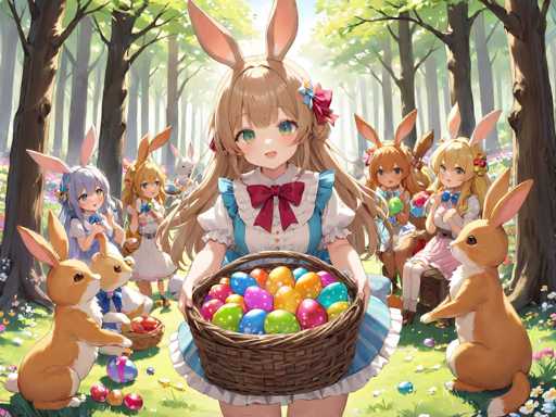 In this vibrant and whimsical anime-style illustration, a young girl stands at the center, holding a basket filled with colorful Easter eggs. She is dressed in a charming blue and white pinafore dress, adorned with a red bow at the neckline. Her long, flowing hair cascades down her back, and she has large, expressive green eyes. Notably, she has rabbit ears protruding from the top of her head, adding a magical touch to her appearance. 

Surrounding her are several other girls, each with long hair and rabbit ears, creating a fantastical forest scene. The setting is a lush, green forest with tall trees and a dappled sunlight filtering through the leaves, casting a warm glow over the scene. 

In the foreground, two rabbits are seen on either side of the girl, each holding Easter eggs. The rabbit on the left is clutching a purple egg, while the one on the right holds a blue egg. The overall atmosphere is festive and enchanting, capturing the essence of a magical Easter celebration in a serene forest setting.