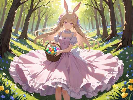 In this captivating anime-style illustration, a young girl stands gracefully in a serene forest clearing. She is adorned in a charming pink dress with short sleeves and a wide, ruffled skirt that flares out dramatically. Her long, flowing blonde hair cascades down her back, complemented by a pair of whimsical bunny ears perched atop her head. The girl's large, expressive purple eyes and a gentle smile exude a sense of innocence and joy.

In her hands, she holds a brown basket filled with an assortment of colorful Easter eggs, adding a festive touch to the scene. The forest around her is lush and vibrant, with tall trees forming a natural canopy overhead. Sunlight filters through the leaves, casting a warm glow on the girl and the surrounding area. The forest floor is a tapestry of green grass dotted with an array of wildflowers in various hues, including yellow, blue, and white, enhancing the enchanting atmosphere of this idyllic woodland setting.