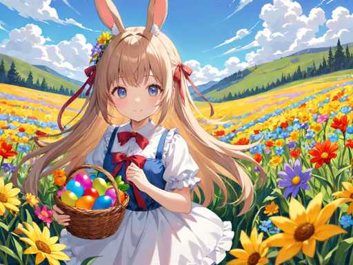 In this vibrant anime-style illustration, a young girl with long blonde hair adorned with red ribbons stands in a lush field of multicolored flowers. Her hair features two prominent bunny ears, adding a whimsical touch to her appearance. She is dressed in a charming blue jumper over a white shirt, complemented by a red bow tie. In her right hand, she holds a basket brimming with Easter eggs, suggesting a festive Easter theme. The background showcases rolling green hills dotted with pine trees, under a bright blue sky filled with fluffy white clouds. The scene is bathed in sunlight, enhancing the cheerful and lively atmosphere of the image.