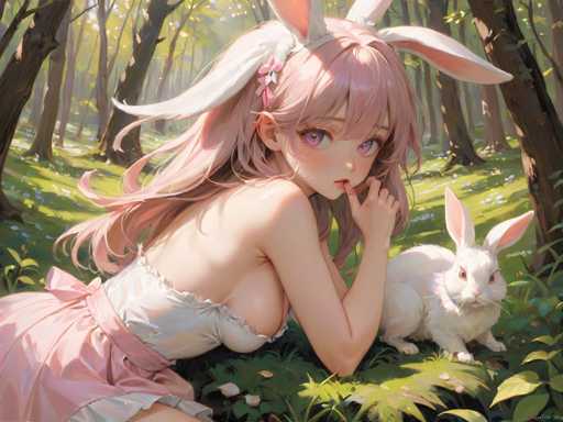 In this captivating anime-style illustration, a young woman with long, flowing pink hair and large, expressive purple eyes is depicted in a serene forest setting. She is adorned with white bunny ears, adding a whimsical touch to her appearance. Her attire consists of a delicate white nightgown and a pink skirt, which complements her ethereal look. The woman is positioned on her stomach, with her arms resting on the lush green grass, and she gazes directly at the viewer with a thoughtful expression. Her right hand is gently placed near her mouth, enhancing her contemplative demeanor. To her right, a white rabbit sits calmly, its presence adding to the tranquil atmosphere. The background is filled with tall trees, their branches adorned with vibrant green leaves, creating a dense and immersive woodland scene. The overall composition exudes a sense of peace and enchantment, drawing the viewer into this magical moment.