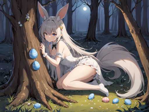In this captivating anime-style illustration, a young woman with long, flowing white hair and striking blue eyes is depicted in a serene forest setting. She is kneeling on the ground, her back partially supported by a tree trunk, with her hands gently resting on the bark. Her attire is a delicate white nightgown adorned with ruffles at the shoulders and hem, complemented by a black bow tie at the neckline. Adding to her whimsical appearance, she has large, rabbit-like ears that stand upright, and a long, fluffy white tail that curls around her.

The scene is bathed in the soft, ethereal light of a full moon, which casts a gentle glow over the surrounding trees and grass. Scattered around her are several colorful Easter eggs, adding a festive touch to the tranquil night. The overall composition exudes a sense of quiet magic and enchantment, blending the elements of nature with the fantastical features of the character.