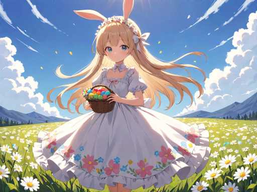 A young girl with blonde hair and blue eyes is standing on a grassy field dotted with white flowers. She is wearing a white dress adorned with pink and purple flowers and has a basket of Easter eggs in her hands. The sky above them is clear blue with fluffy white clouds, creating a serene backdrop for the scene.