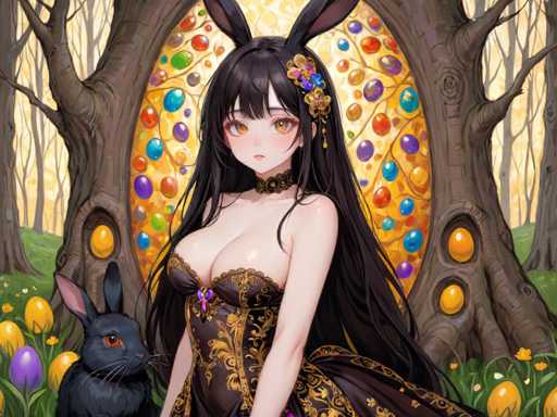 The image depicts an anime character with long dark hair and a black dress standing in front of a tree filled with colorful Easter eggs. The character is wearing a gold necklace and earrings, and there's a bunny sitting on the ground next to her.